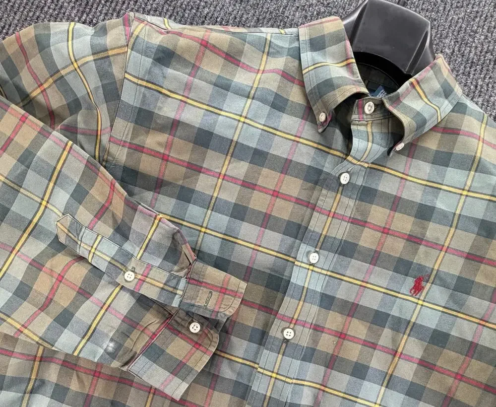 Polo Ralph Lauren Classic Fit Mens XXL Sage Green Plaid Button Shirt Cotton